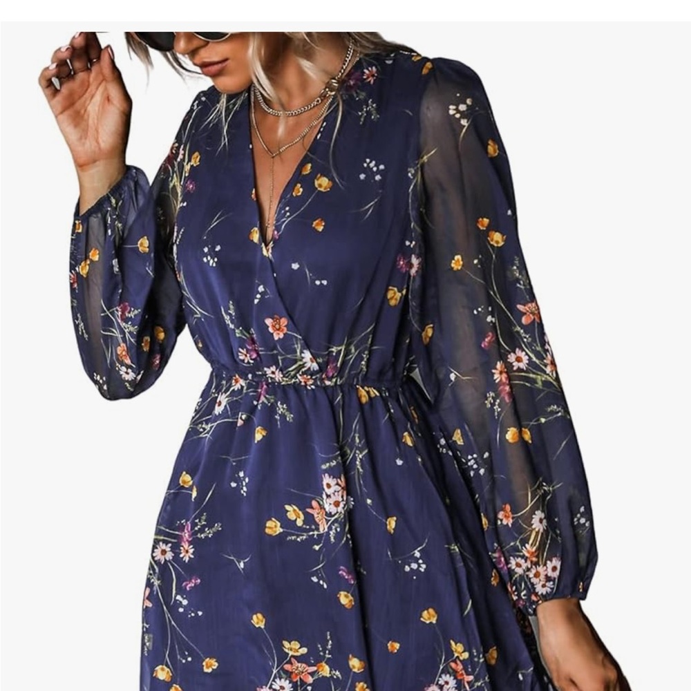 Cupshe Navy Floral Long Sleeve Dress